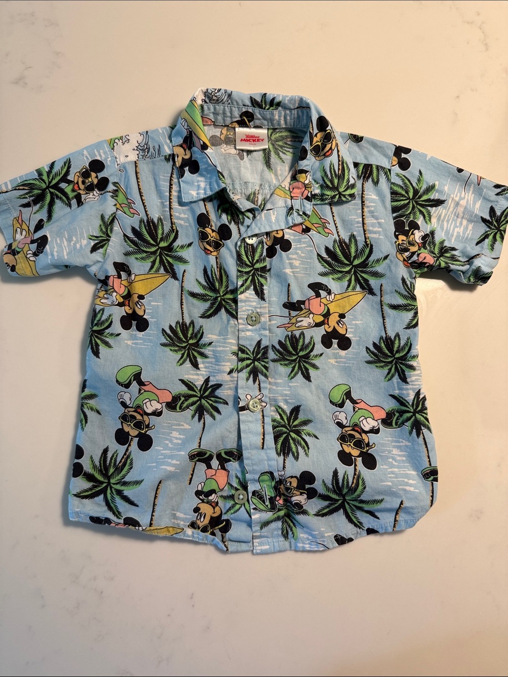 Disney Light Blue Mickey Mouse Palm Print Button-Up Shirt
